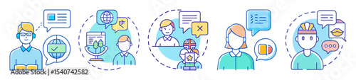 Illustrations Depicting Diverse Communication Methods and Subjects within Global Contexts