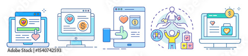 Illustrative icons representing charitable giving and fundraising on various digital platforms