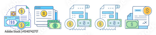 Illustration of financial documents, money, payments, invoices, bills and online banking concept