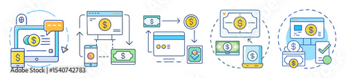 Illustrations depicting the flow of digital and mobile money transactions and payments