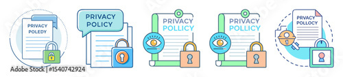 Visual representations of privacy policies with secure lock symbols and document icons