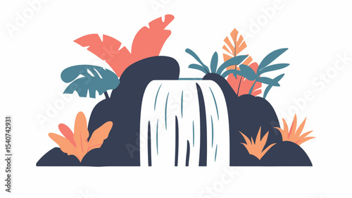 A stylized illustration depicting a waterfall cascading from dark-colored rocks surrounded by various types of tropical plants and leaves. The style is flat design with bold colors and simplified