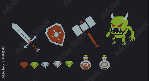 a vector art version of the game inventory items: sword, shield, hammer, gems, potions, and the monster.