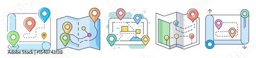 Colorful Icons Showcasing Different Types of Maps and Navigation with Location Pins