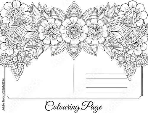 Blank Postcard Template with Floral Border Coloring Page