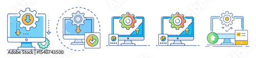 Software Update Process Depicted with Computer and Gear Icons in Flat Design