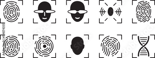 Biometric Authentication Methods: Fingerprint, Facial Recognition, and More, A collection of black and white icons showcasing various biometric authentication methods vector art on white