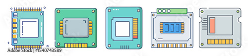 Variety of computer chips and processors in colorful vector illustration set