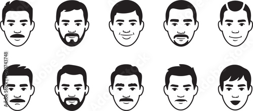Collection of Male Facial Hair Styles, A set of black and white cartoon-style male headshots showcasing various facial hair styles, including different types of mustaches and beards vector art 
