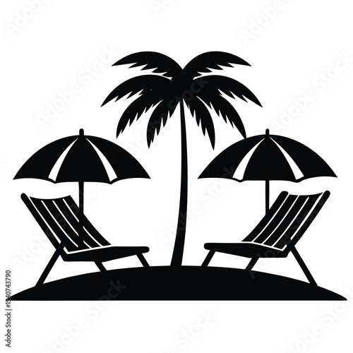Black Silhouette of Tropical Island with Palm Tree, Beach Chairs, and Umbrellas