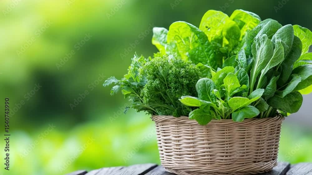 Vibrant Harvest: A wicker basket overflows with a fresh assortment of leafy green vegetables, against a soft, blurred background showcasing lush natural textures