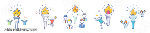Illustrations of people celebrating with torches, representing success and teamwork