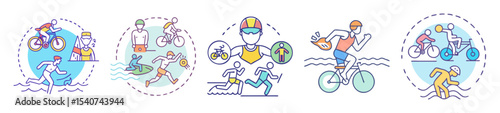 Illustrations depicting various stages of a triathlon event in colorful outline style