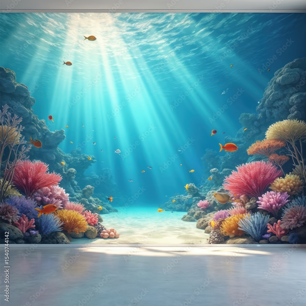 Naklejka premium Underwater room interior design with coral reef, fish wall mural. Illustration features vibrant sea life scenery sun rays, fish, coral, creating aquatic atmosphere. Ideal for home decor, wallpapers,