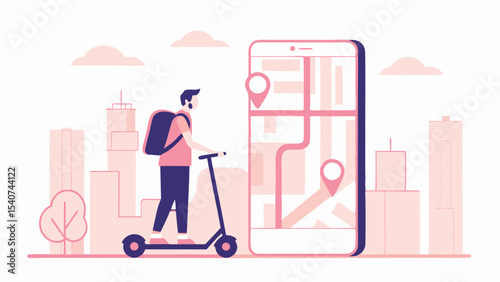 Delivery man on scooter with backpack and phone map in city background illustration concept scene design