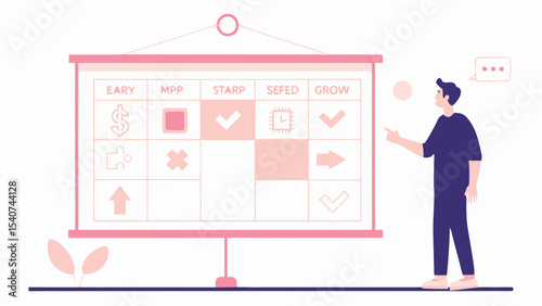 Man presenting a chart on a whiteboard with symbols and text in a presentation setting display board