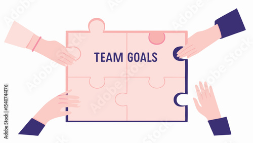 Four hands assembling a jigsaw puzzle with team goals written on the puzzle pieces in the center