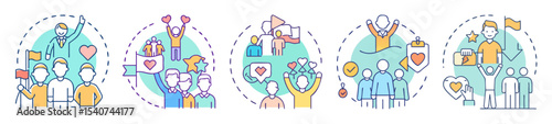 Icons representing community, leadership, success and achievement with teamwork in various aspects