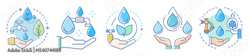 Illustrations depict conservation and efficient use of water resources for sustainability