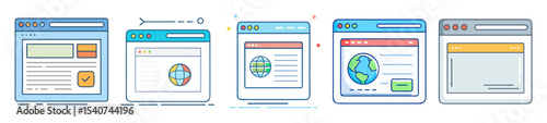 Cartoon Web Browser Windows Representing Different Websites and Web Pages Styles