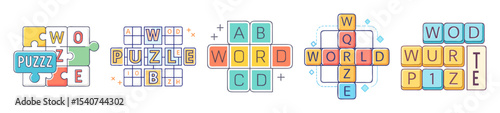 Variety of Word Puzzle Graphic Illustrations Representing Different Game Styles