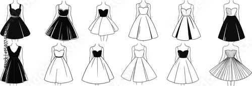 Elegant Collection of Diverse Dress Styles: Fashion Illustrations Featuring Various Black and White Gowns, Perfect for Design, Retail, and Event Themes