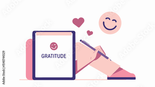 Illustration of a tablet with the word gratitude and a smiley face with a hand writing with a pen