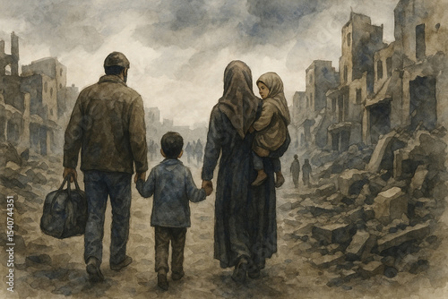 Displaced Family Walking Through War-Torn City — Watercolor Illustration of Refuge and Survival