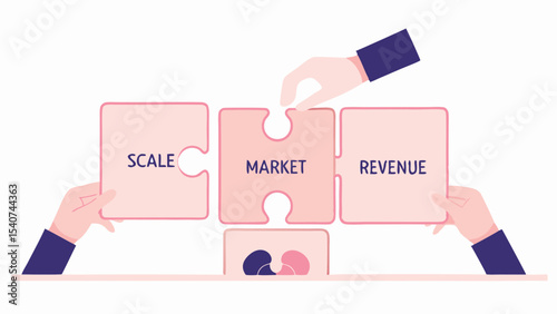 Hands assembling puzzle pieces labeled scale market and revenue in a business strategy concept design