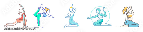 Set of five yoga pose outlines in different colors and positions