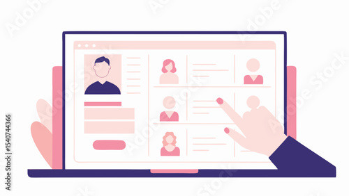 Person using a laptop to view profiles with a hand touching the screen in a digital interface design