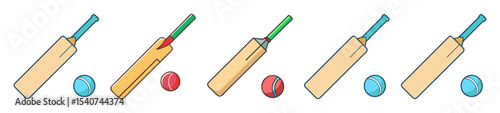 Collection of cricket bats and balls, showing different color schemes, isolated