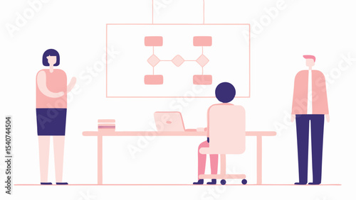 Illustration of a presentation with two people standing and one person sitting at a desk with a laptop