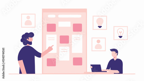 Man presenting board with squares and papers to another man with laptop in a light colored room