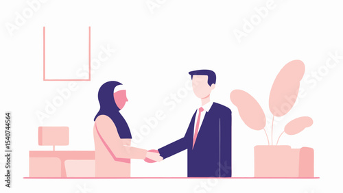 Illustration of a man and a woman in a hijab shaking hands in an office with a plant and a desk area