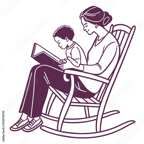 -silhouette-line-art-of-mother-reading-a-book-to-s.eps