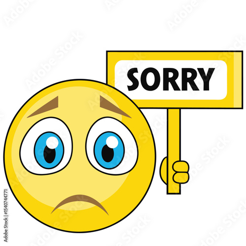 Cartoon Emoji Expressing Regret While Holding Sign That Reads Sorry With Blue Eyes