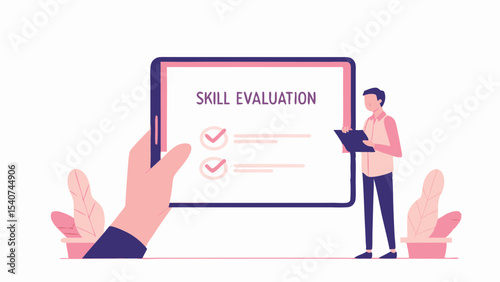 Skill evaluation presented on a tablet held by a hand with a man taking notes nearby on a white background