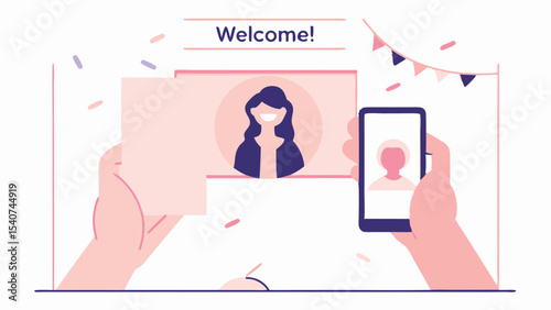 Illustration of a welcome screen with a woman on a video call and confetti falling down around her
