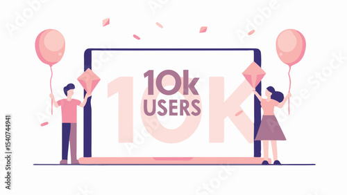 Illustration of people celebrating ten thousand users with balloons and confetti in front of a large screen