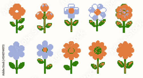 Ten different pixel art flowers in various colors on a white background.