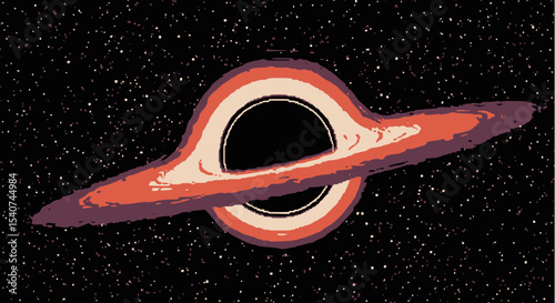 A pixel art depiction of a black hole with an accretion disk against a starry background.