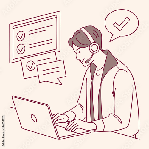Smiling Asian man with headset uses laptop, while tasks are completed