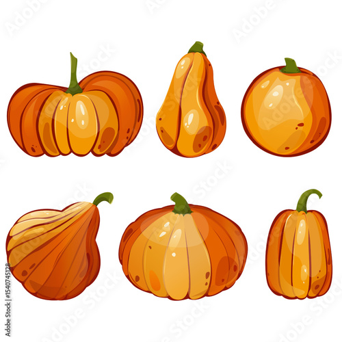 Pumpkins for autumn harvest, Halloween, and Thanksgiving design. For greeting cards, posters, flyers, banners for fall festivals and farmers’ markets, packaging, website, game icons, textile design