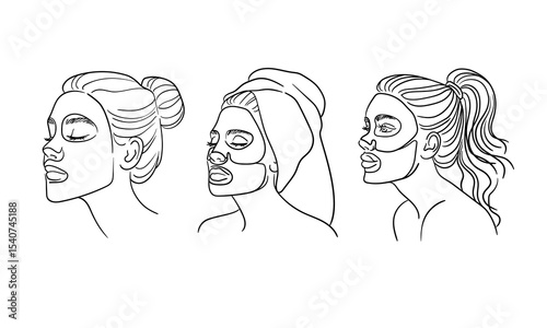 3 Girls applying moisturizing sheet mask on face, continious line drawing. Spa salon, cosmetology, body care, beauty routine outline. Vector illustration