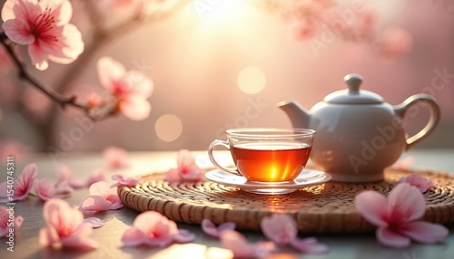 Traditional Japanese tea setup. Glass cup of tea, cherry blossom petals, soft bokeh lights create serenity, springtime. Teapot, saucer on wooden table. Calm floral, peaceful atmosphere evokes harmony.