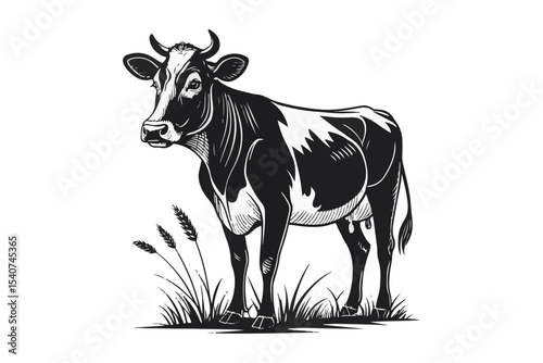 Black and white goat and cow illustration on white background