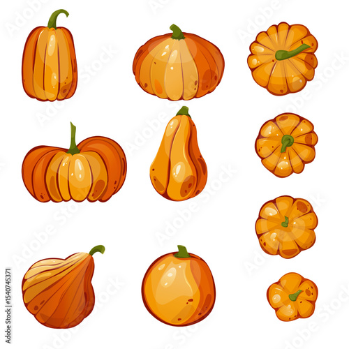 Pumpkins for autumn harvest, Halloween, and Thanksgiving design. For greeting cards, posters, flyers, banners for fall festivals and farmers’ markets, packaging, website, game icons, textile design