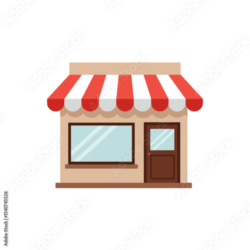 Storefront with awning icon in flat design style with red stripes  