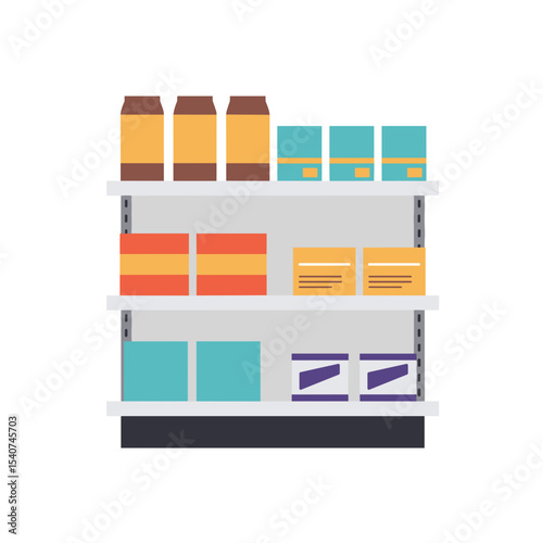 Product shelf icon with colorful boxes and containers in minimalist style  